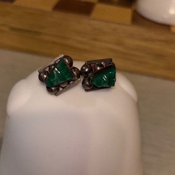 Vintage Rare Green Onyx Earrings silver - Picture 1 of 3